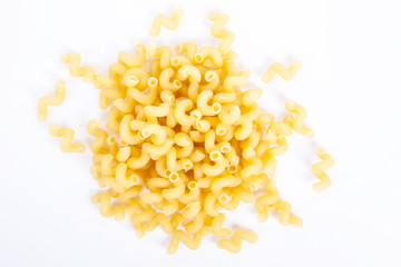 Stack of pasta or amorini on a white background. Top view.