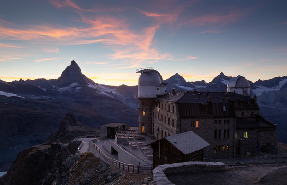 Planetarium at the Gornergrat and the Matterhorn during a nice sunet in Switzerland.