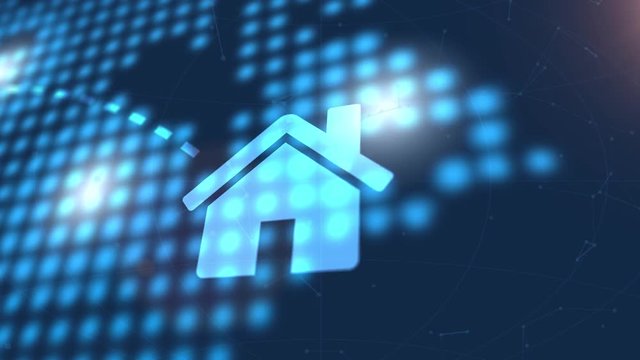 home house icon animation blue digital world map technology background