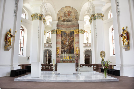 Interior and decor with statue inside Jesuitenkirche church at Heidelberg in Baden-Wurttemberg, Germany