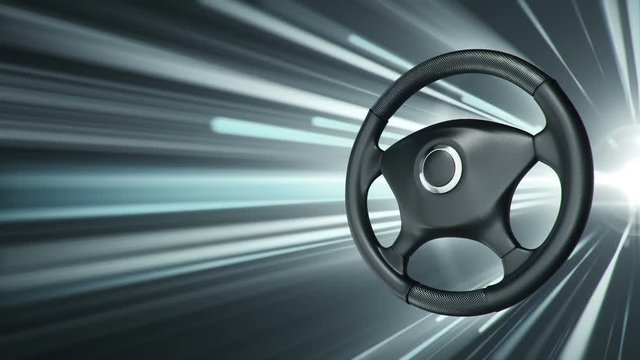Abstract background with animation steering wheel of car and fast flying stripes and strokes symbolizing speed from fast ride. Animation of seamless loop.