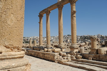 The ruined city of Jerash is Jordan's largest and most interesting Roman site, and a major tourist drawcard. Its imposing ceremonial gates, colonnaded avenues, temples and theatres 