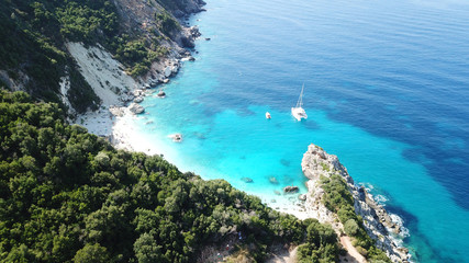 Aerial drone photo of tropical caribbean exotic sandy beach with white rocky seascape and beautiful turquoise clear sea