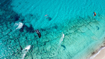Aerial drone photo of famous for watersports like kitesurfing sandy turquoise beach of Agios...