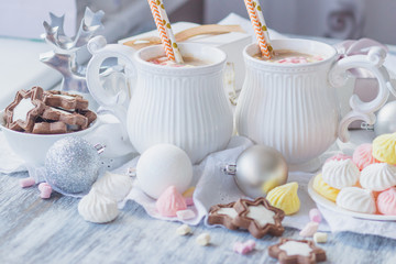 Marshmallow, cookies, meringues and different Christmas decorations