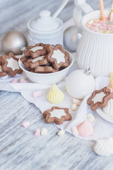 Marshmallow, cookies, meringues and different Christmas decorations