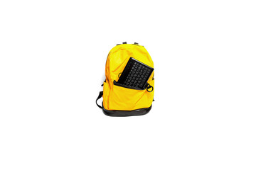 Yellow Backpack with technology supplies,sport, isolated on white background.