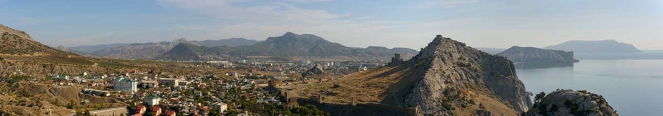 Fototapeta na wymiar Panorama of Sudak valley environ from Palvani-Oba Mountain, Crimea.