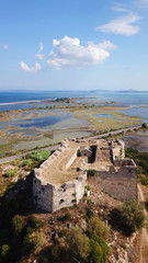 Fototapeta na wymiar Aerial drone bird's eye view photo of iconic medieval castle of Grivas in land entrance of Lefkada island, Ionian, Greece