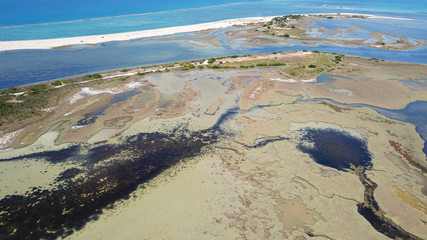 Aerial drone view of Lefkada Canal a natural entrance to the island with swamp like landscape near castle of Agia Mavra, Ionian, Greece