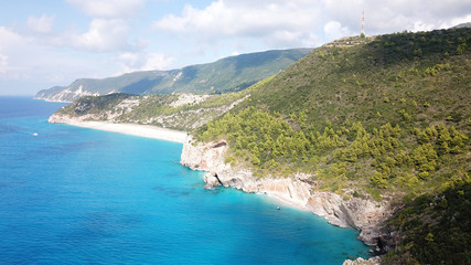 Fototapeta na wymiar Aerial drone photo of iconic paradise beach of Kathisma with white rock steep cliff and emerald clear sea, Lefkada island, Ionian, Greece