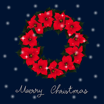 Red Poinsettia Wreath and White Snow Christmas Greeting Card on Blue Background
