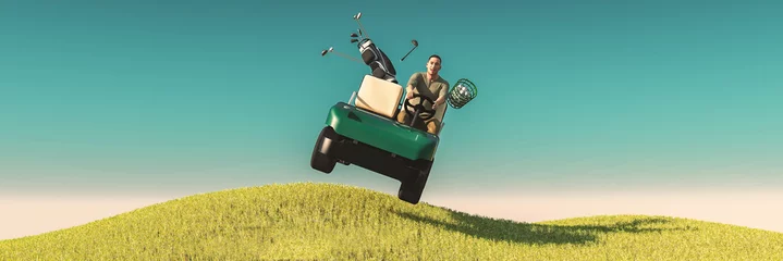Fotobehang Golf player with golf cart giving a jump 3d illustration © juanjo