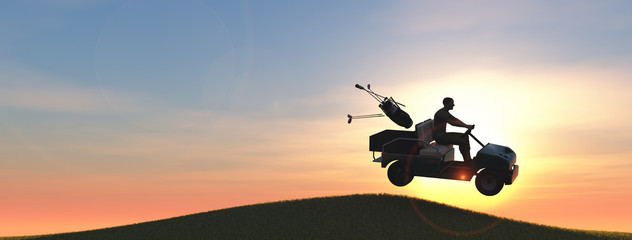 Fototapeta na wymiar Golf player with golf cart giving a jump 3d illustration