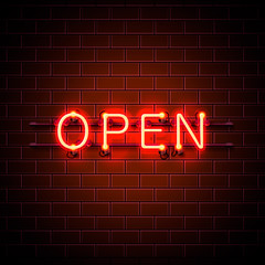 Neon sign with text open, entrance is available. Vector illustration