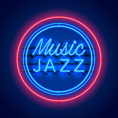 Neon music jazz signboard on the red background. Vector illustration