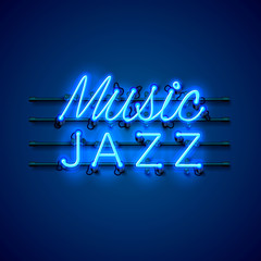 Neon music jazz signboard on the blue background. Vector illustration