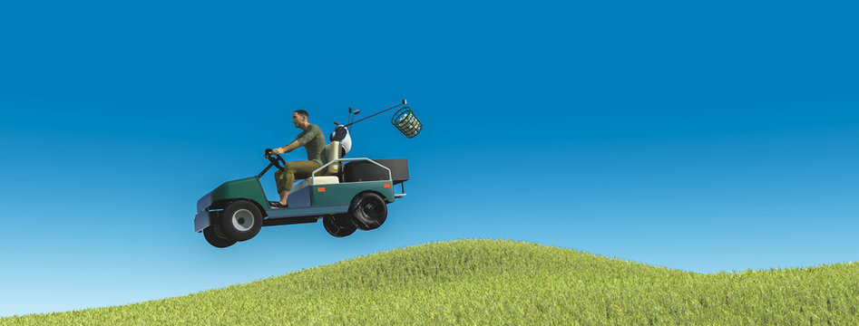 Golf player with golf cart giving a jump 3d illustration