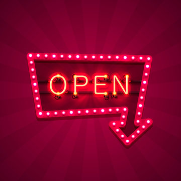 Neon sign with text open arrow, entrance is available. Vector illustration