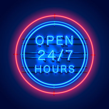 Neon signboard 24 7 open hours time. Vector illustration