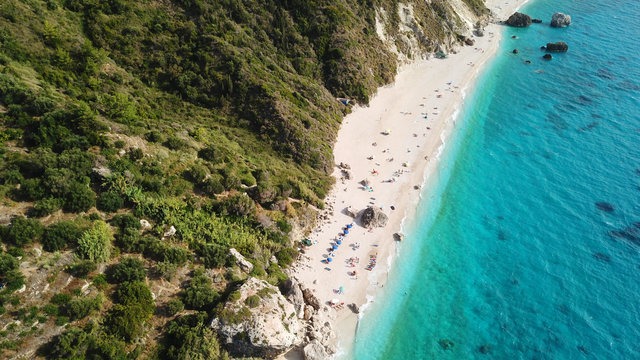 Aerial drone photo of popular beach of Kavalikefta with turquoise clear sea in island of Lefkada, Ionian, Greece