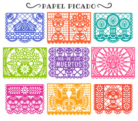Day of the Dead. Papel Picado. Vector collection of traditional Mexican paper cutting templates. Isolated on white.
