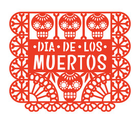 Dia de los Muertos. Papel Picado. Vector illustration of traditional Mexican paper cutting with skulls and bones. Isolated on white.