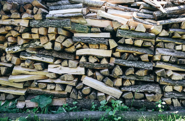 Natural firewood lying in a pile outdoors in the grass. Wood background texture. Eco friendly wallpaper.