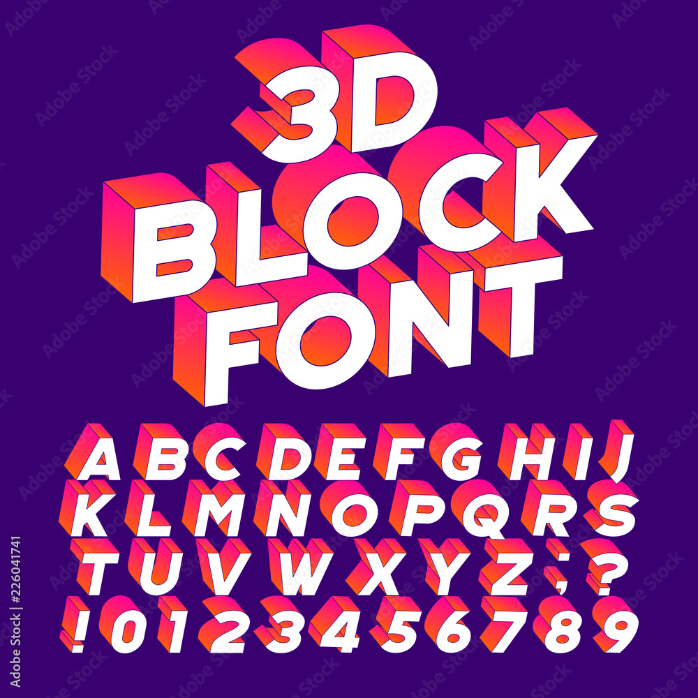Fototapete 3d block alphabet font. three-dimensional effect letters, numbers and symbols. stock vector typograp