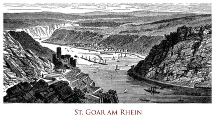 Engraving of St. Goar (Sankt Goar) on the Rhine