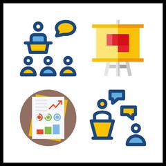 discussion icon. stats and lecture vector icons in discussion set. Use this illustration for discussion works.