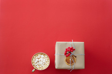 The Christmas gift is packed in craft paper decorated with a red twig of viburnum with a cup of cocoa and marshmallow on a red background. Top view, copy space
