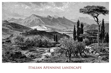 Zelfklevend Fotobehang Gravure met een schilderachtig landschap van de Italiaanse Apennijnen © acrogame