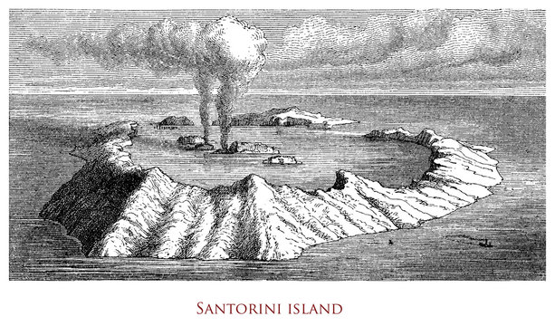 Engraving depicting the Santorini Islands volcanic caldera - Greece
