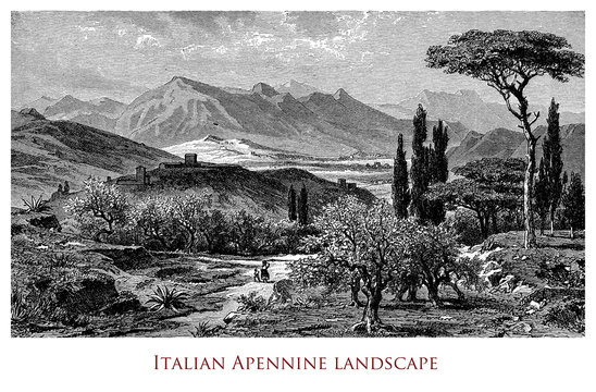 Engraving depicting a scenic landscape of Italian Apennines