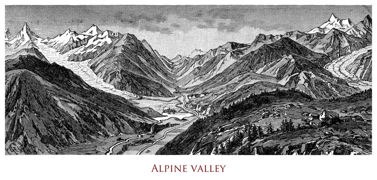 Engraving depicting a typical Alpine valley - (Austria?)