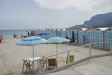 Modello, Italy - September 10, 2018 : View of the beach club changing rooms in Mondello