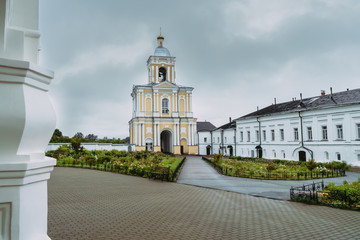 Fototapeta na wymiar Bell tower of Khutyn Monastery of Saviour's Transfiguration and of St. Varlaam. Russia, Novgorod Veliky