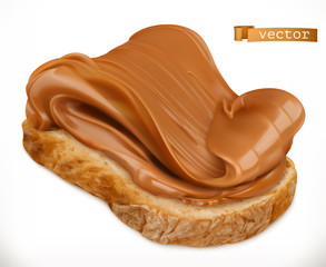 Peanut butter on bread. Caramel spread 3d vector realistic icon