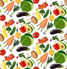 Beautiful bright graphic art vegetarian healthy  pattern of organic vegetables: potato, tomato, beetroot, shallot, eggplant, corn, carrot vector hand sketch. Perfect for greetings card, textile, menu
