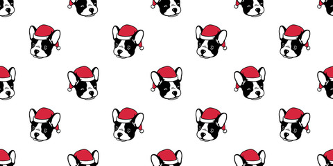 Dog seamless pattern Christmas vector french bulldog Santa Claus Xmas hat scarf cartoon illustration isolated tile background repeat wallpaper