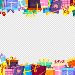 Obraz premium Frame with gifts. Colored greetings packages with ribbons at transparent background decoration vector borders template