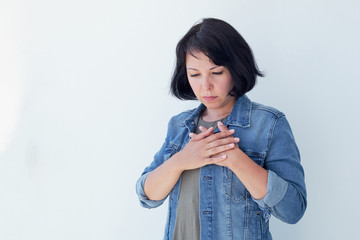 Breast cancer self check; healthy girl, woman healthy lifestyle medical awareness; woman breast...
