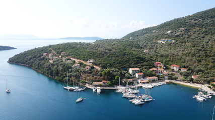 Aerial drone photo of famous seaside village and bay of Sivota Lefkadas famous for trips to nearby beaches and dafe harbouring to sail boats, Lefkada, Greece