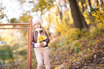 Little girl in a pink hat on a walk in the fall. Child girl in a jacket happily runs and collects yellow leaves