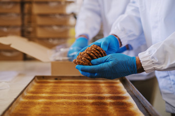 Close up of tray full of fresh baked cookies in food factory. Blurred picture of two male employees in sterile clothes packing cookies in background.