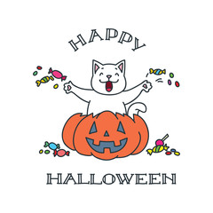 Happy Halloween. Illustration of funny white cat sitting in the pumpkin isolated on white background. Vector 8 EPS.