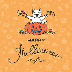 Fototapeta na wymiar Happy Halloween. Illustration of happy cat sitting in the pumpkin on orange background of sweets. Vector 8 EPS.