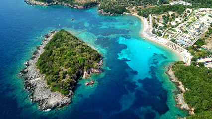 Aerial drone bird's eye view photo of famous sandy beach and small island of Agia Paraskevi with emerald clear sea, Thesprotia, Epirus, Greece