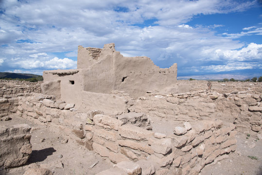 Mesa top adobe and stone ruins of ancient people at the Puye Cliff Dwellings in New Mexico, USA

